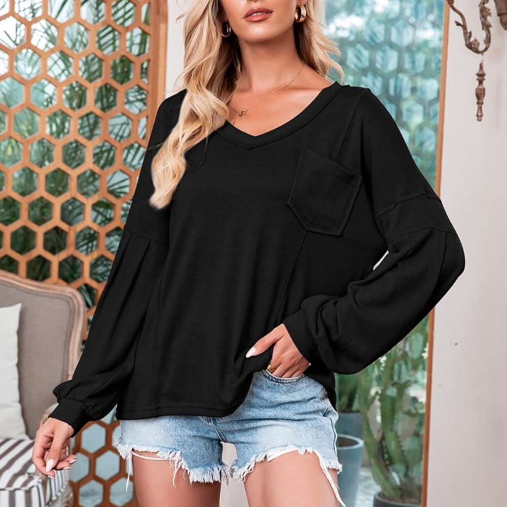 🆕 Phortric Black Lantern Sleeve Deep-V Off the Shoulder Oversized Knit Top - Picture 3 of 6